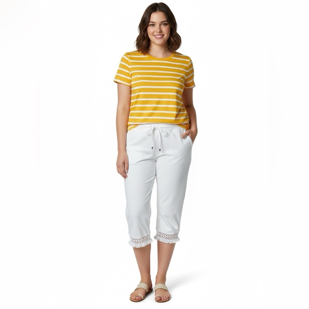 ONQUE Stretch Cotton Knit Straight Leg Pants Crochet Trim Pull On Style US Sz 2X